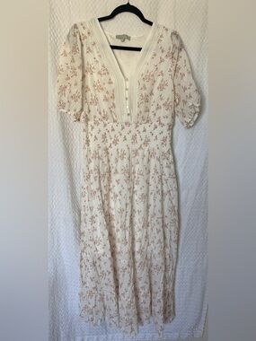 J Gee Cream Floral Smocked Waist Midi Dress Size XL